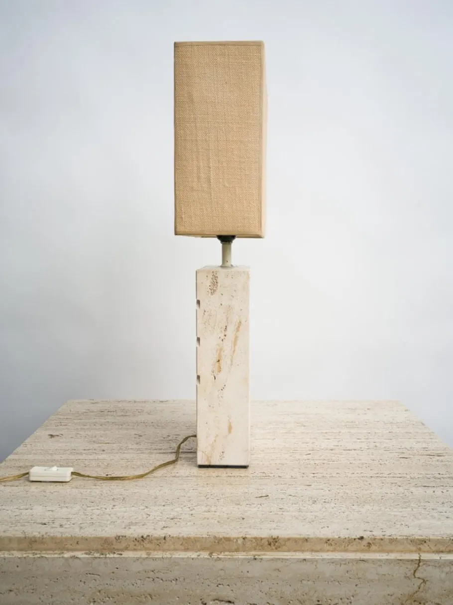 Outlet Pamono Travertine Table Lamp with Rectangular Lampshade, 1970s