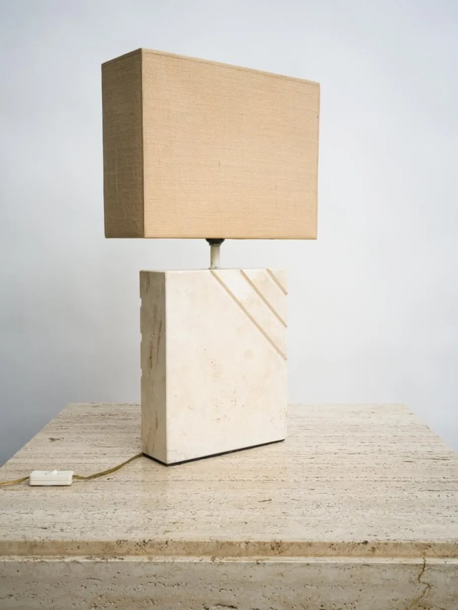 Outlet Pamono Travertine Table Lamp with Rectangular Lampshade, 1970s