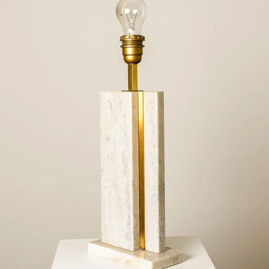 Hot Pamono Travertine Table Lamp with New Shade by Camille Breesch