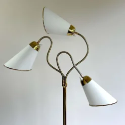 Clearance Pamono Triple Gooseneck Brass & Off White Fabric Floor Lamp, Sweden, 1950s