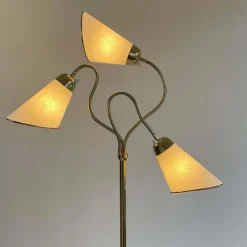 Clearance Pamono Triple Gooseneck Brass & Off White Fabric Floor Lamp, Sweden, 1950s