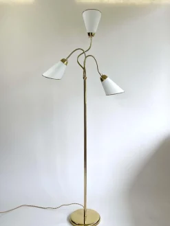 Clearance Pamono Triple Gooseneck Brass & Off White Fabric Floor Lamp, Sweden, 1950s