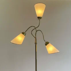 Clearance Pamono Triple Gooseneck Brass & Off White Fabric Floor Lamp, Sweden, 1950s
