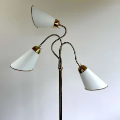 Clearance Pamono Triple Gooseneck Brass & Off White Fabric Floor Lamp, Sweden, 1950s