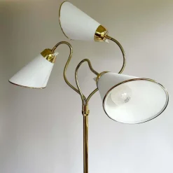 Clearance Pamono Triple Gooseneck Brass & Off White Fabric Floor Lamp, Sweden, 1950s