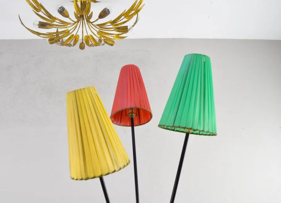 Sale Pamono Tripod Floor Lamp with Colored Shades by Mathieu Matégot, 1950s