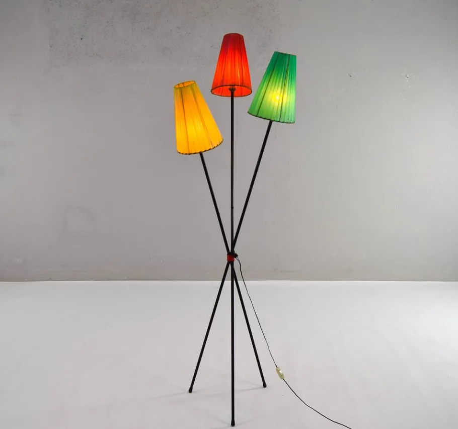 Sale Pamono Tripod Floor Lamp with Colored Shades by Mathieu Matégot, 1950s