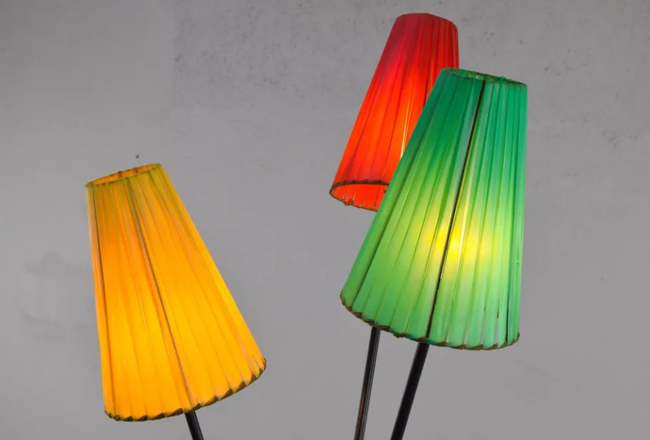 Sale Pamono Tripod Floor Lamp with Colored Shades by Mathieu Matégot, 1950s