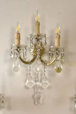 Pamono Triptych of Maria Theresa Style Crystal Wall Lamps, 1940s, Set of 3