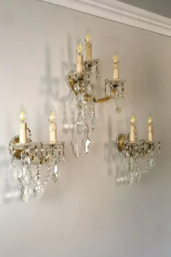 Pamono Triptych of Maria Theresa Style Crystal Wall Lamps, 1940s, Set of 3