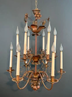 Discount Pamono Two-Tier Gilded Metal Chandelier with 12 Arms of Light in the style of Maison Baguès