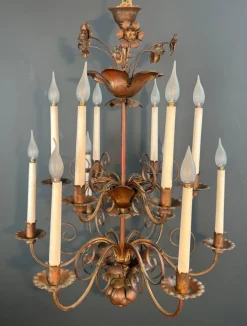 Discount Pamono Two-Tier Gilded Metal Chandelier with 12 Arms of Light in the style of Maison Baguès