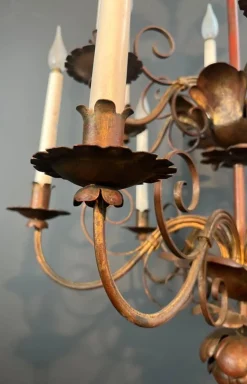 Discount Pamono Two-Tier Gilded Metal Chandelier with 12 Arms of Light in the style of Maison Baguès