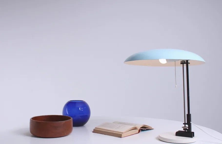 New Pamono Ufo Shaped Baby Blue Table Lamp in Metal by Nedalo, 1950s