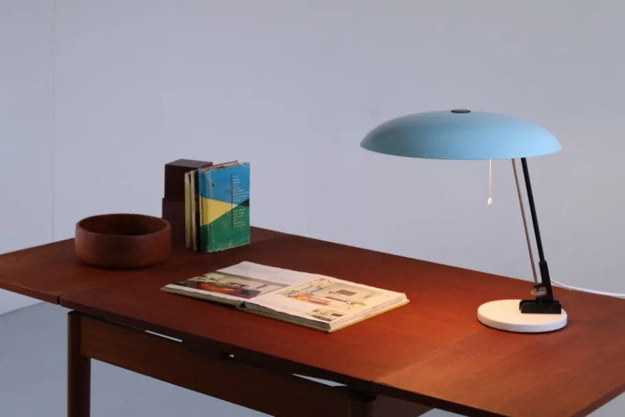 New Pamono Ufo Shaped Baby Blue Table Lamp in Metal by Nedalo, 1950s