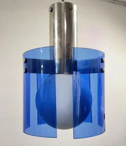 Hot Pamono Veca Blue Glass and Opal Glass Globe Pendant Lamp, 1970s