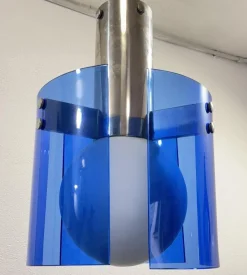 Hot Pamono Veca Blue Glass and Opal Glass Globe Pendant Lamp, 1970s