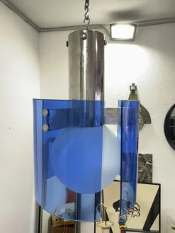 Hot Pamono Veca Blue Glass and Opal Glass Globe Pendant Lamp, 1970s