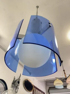 Hot Pamono Veca Blue Glass and Opal Glass Globe Pendant Lamp, 1970s