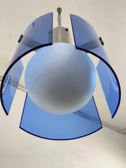 Hot Pamono Veca Blue Glass and Opal Glass Globe Pendant Lamp, 1970s