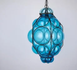 Best Pamono Venetian Blue Murano Caged Glass Pendant Light with Large Bubbles, 1960s
