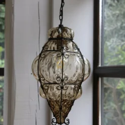 Clearance Pamono Venetian Lantern Pendant in Murano Glass Cage, Italy, 1960