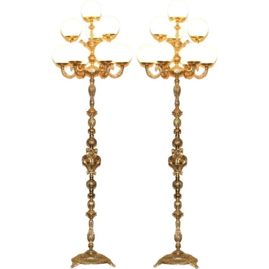 Discount Pamono Vintage Art Deco Opaline Glass and Brass Floor Lamps, 1920s, Set of 2