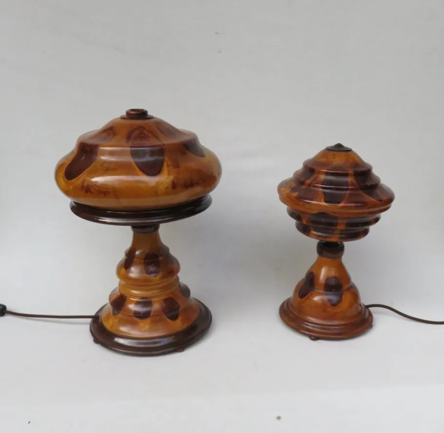 Clearance Pamono Vintage Art Deco Wooden Mushroom Table Lamps, Set of 2