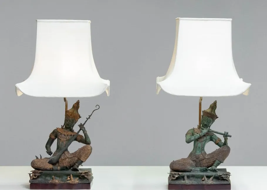 Pamono Vintage Asian Table Lamps with Bronze / Gild Statues of Phra Aphai Mani, 1970s, Set of 2