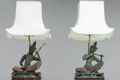 Pamono Vintage Asian Table Lamps with Bronze / Gild Statues of Phra Aphai Mani, 1970s, Set of 2
