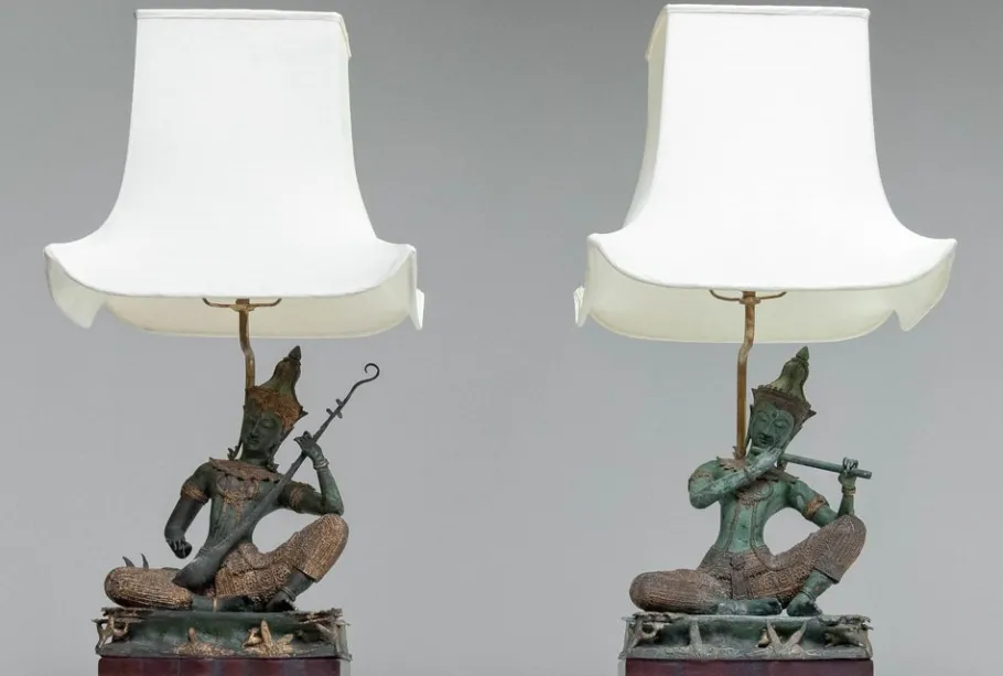 Pamono Vintage Asian Table Lamps with Bronze / Gild Statues of Phra Aphai Mani, 1970s, Set of 2