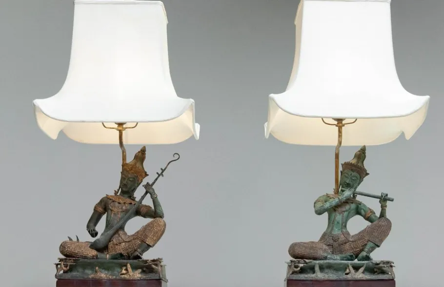 Pamono Vintage Asian Table Lamps with Bronze / Gild Statues of Phra Aphai Mani, 1970s, Set of 2