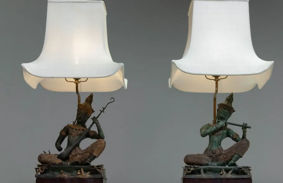 Pamono Vintage Asian Table Lamps with Bronze / Gild Statues of Phra Aphai Mani, 1970s, Set of 2