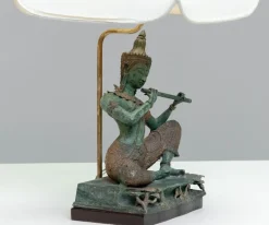 Pamono Vintage Asian Table Lamps with Bronze / Gild Statues of Phra Aphai Mani, 1970s, Set of 2