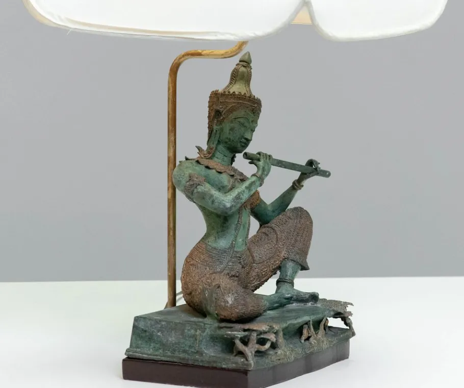 Pamono Vintage Asian Table Lamps with Bronze / Gild Statues of Phra Aphai Mani, 1970s, Set of 2