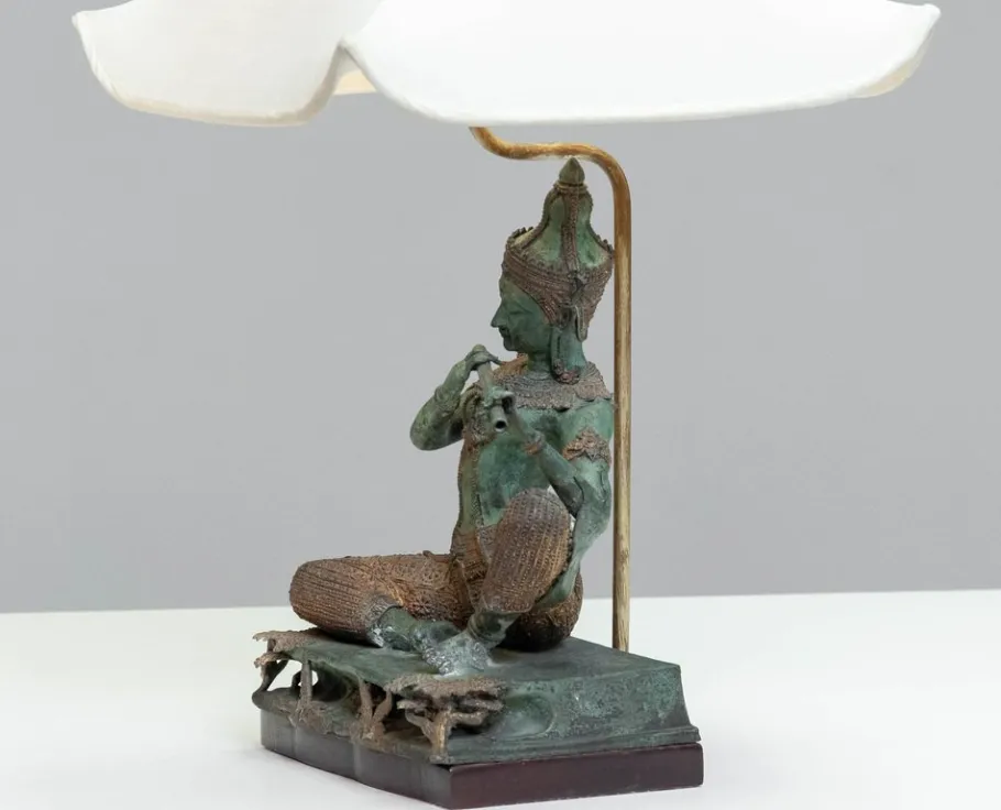 Pamono Vintage Asian Table Lamps with Bronze / Gild Statues of Phra Aphai Mani, 1970s, Set of 2