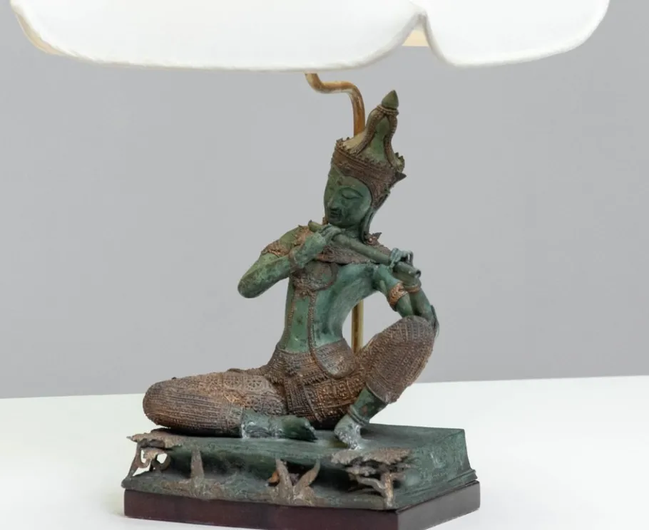 Pamono Vintage Asian Table Lamps with Bronze / Gild Statues of Phra Aphai Mani, 1970s, Set of 2