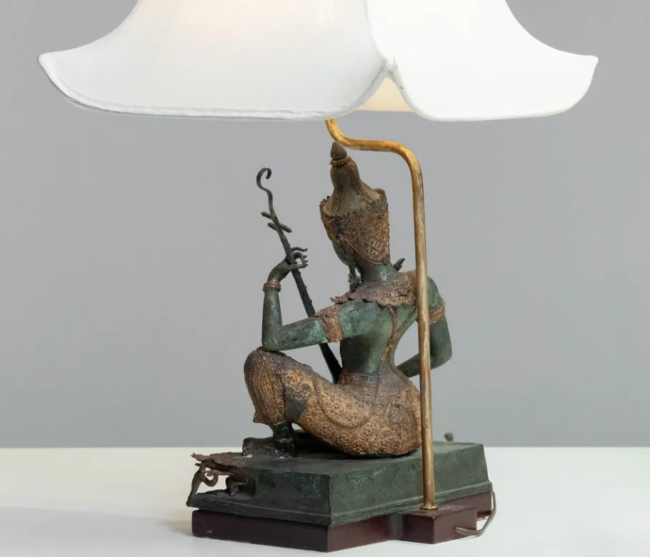 Pamono Vintage Asian Table Lamps with Bronze / Gild Statues of Phra Aphai Mani, 1970s, Set of 2