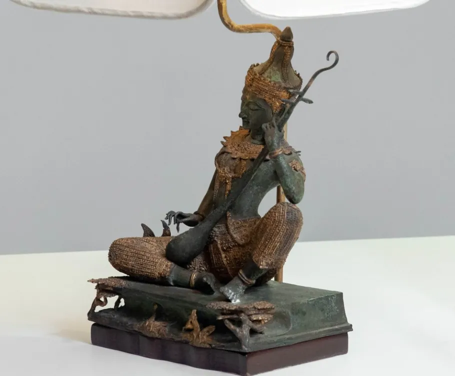 Pamono Vintage Asian Table Lamps with Bronze / Gild Statues of Phra Aphai Mani, 1970s, Set of 2