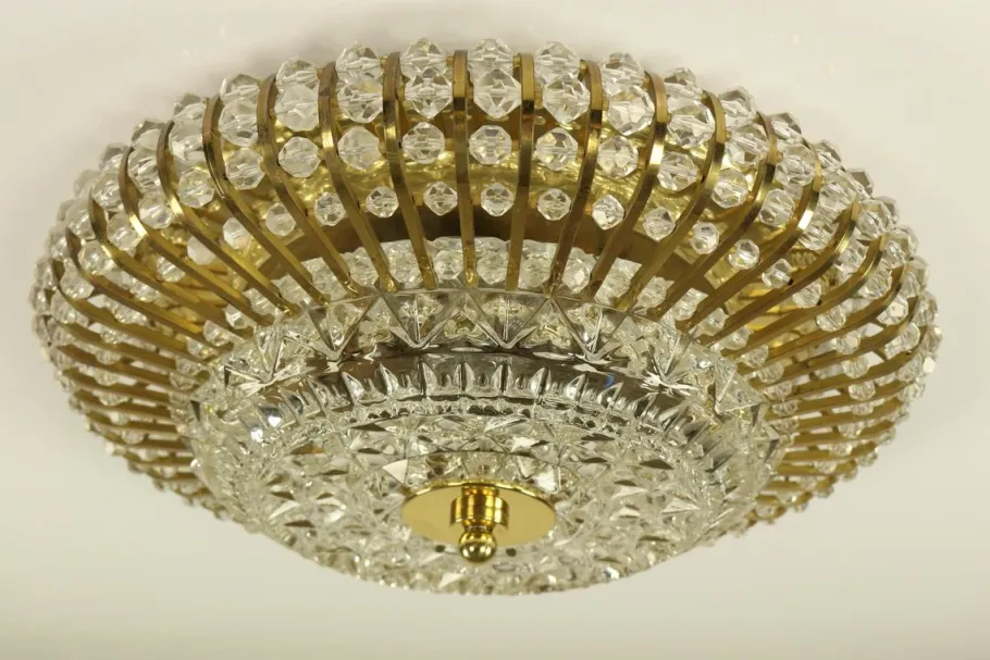 New Pamono Vintage Austrian Glass, Brass, and Diamond Cut Acrylic Glass Flush Mount Ceiling Lamp, 1950s