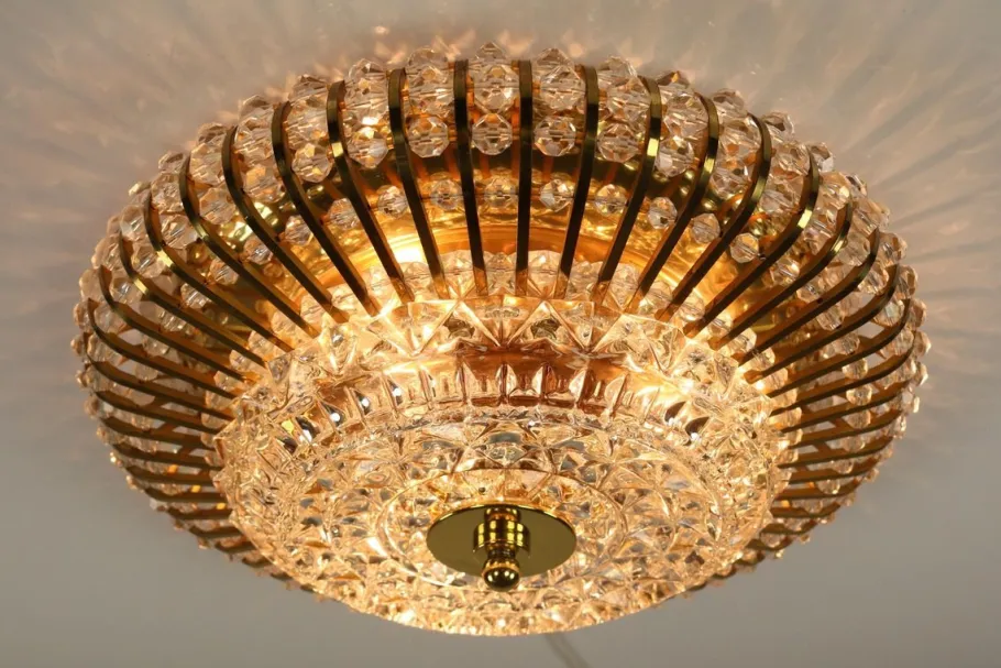 New Pamono Vintage Austrian Glass, Brass, and Diamond Cut Acrylic Glass Flush Mount Ceiling Lamp, 1950s