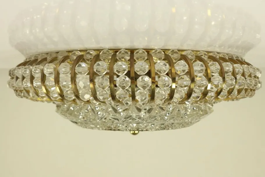New Pamono Vintage Austrian Glass, Brass, and Diamond Cut Acrylic Glass Flush Mount Ceiling Lamp, 1950s