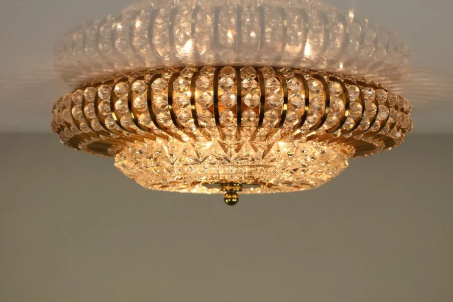 New Pamono Vintage Austrian Glass, Brass, and Diamond Cut Acrylic Glass Flush Mount Ceiling Lamp, 1950s