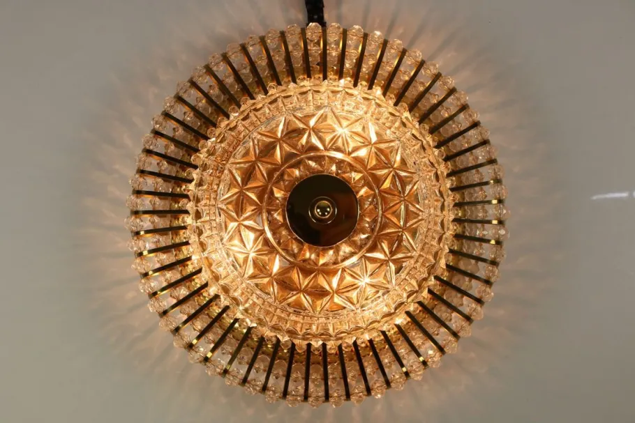 New Pamono Vintage Austrian Glass, Brass, and Diamond Cut Acrylic Glass Flush Mount Ceiling Lamp, 1950s