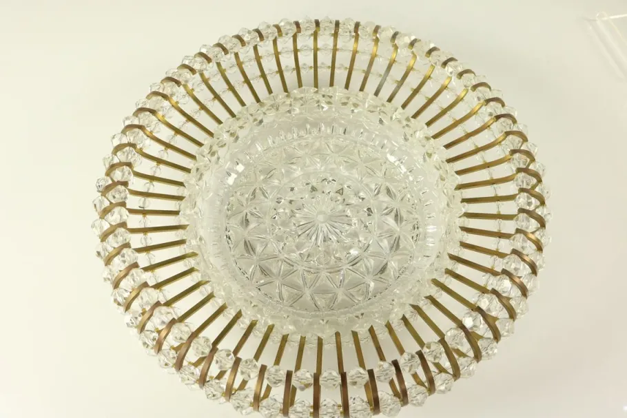 New Pamono Vintage Austrian Glass, Brass, and Diamond Cut Acrylic Glass Flush Mount Ceiling Lamp, 1950s