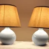 New Pamono Vintage Bedside Lamps with Blue Ceramic Base and Beige Fabric Shade, 1990s, Set of 2