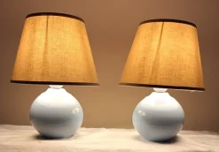 New Pamono Vintage Bedside Lamps with Blue Ceramic Base and Beige Fabric Shade, 1990s, Set of 2