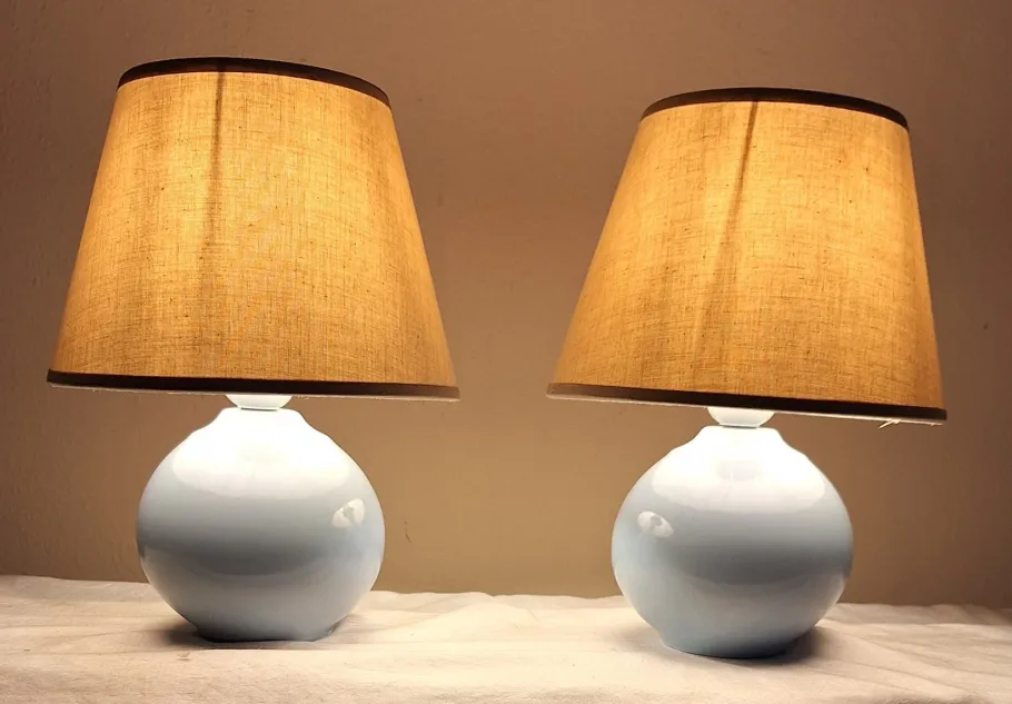 New Pamono Vintage Bedside Lamps with Blue Ceramic Base and Beige Fabric Shade, 1990s, Set of 2