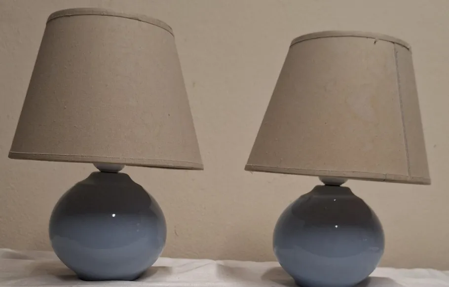 New Pamono Vintage Bedside Lamps with Blue Ceramic Base and Beige Fabric Shade, 1990s, Set of 2