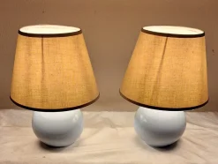 New Pamono Vintage Bedside Lamps with Blue Ceramic Base and Beige Fabric Shade, 1990s, Set of 2